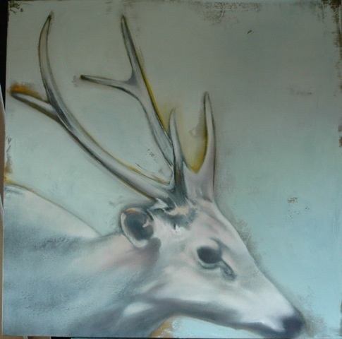 Preview: Mercedes Helnwein, Kim Kimbro, and Vonn Sumner at Merry Karnowsky Gallery | Hi-Fructose Magazine #deer #white #horned #neutral #painting #blue #drawing