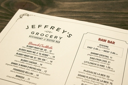 Art of the Menu: Jeffrey's Grocery #ivory #red #classic #menu #black #minimal #collateral
