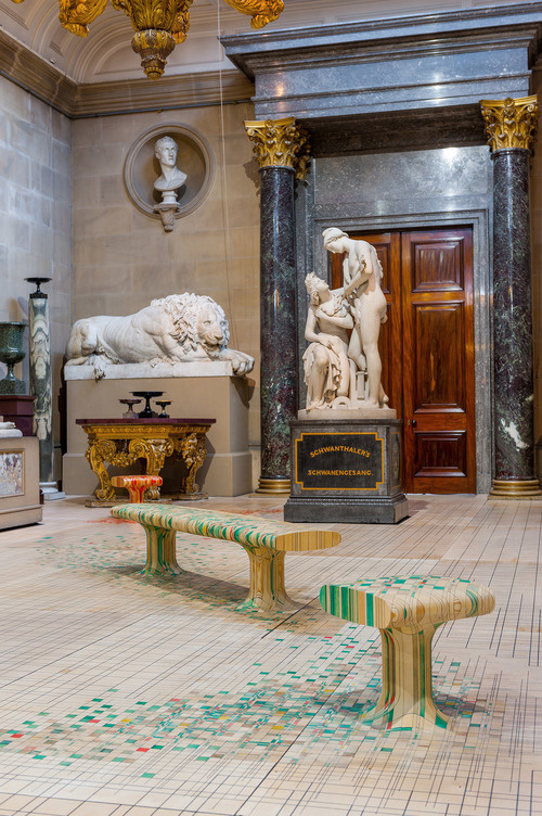 furniture made of dye-soaked pieces of timber