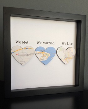 Map Heart, Paper Art in shadow box frame, We Met, We Married, We Live, Wedding Gift, Paper Anniversa - wedding anniversary