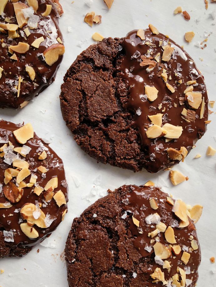 Salted Dark Chocolate Almond Milk Cookies with Toasted Almonds