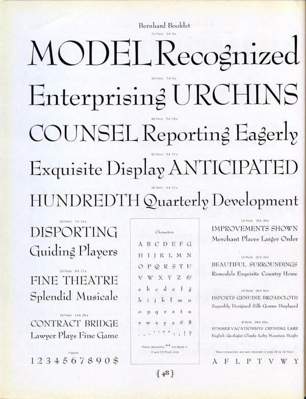This type specimen shows Lucian Bernhard's 1932 font Bernhard Booklet. #type #specimen