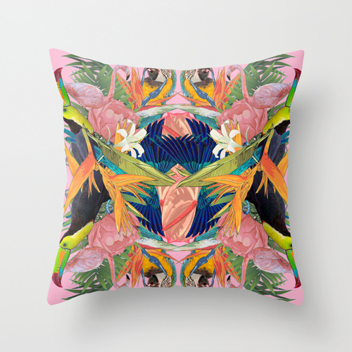 Tropical Kaleidoscope Throw Pillow #tropical #pattern #kaleidoscope #bird #flower #exotic
