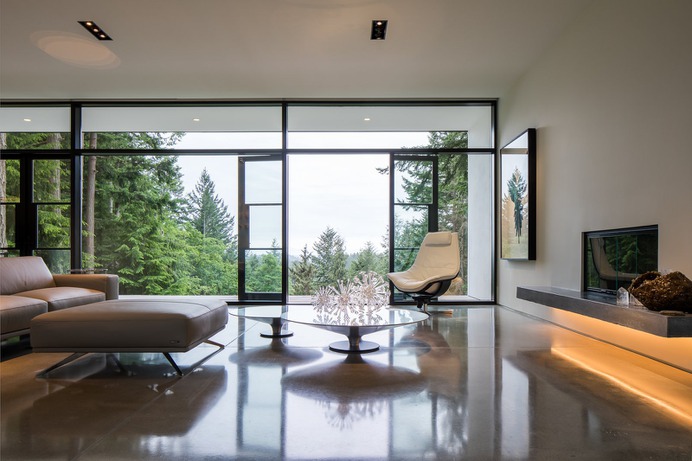 Collector's Retreat by Heliotrope Architects. Living Room, Concrete Floor, Coffee Tables, Chair, Sofa, Ceiling Lighting, Accent Lighting, Standard Layout Fireplace, Recessed Lighting, and Track Lighting Living Room