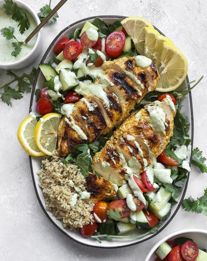 Chicken Tandoori Quinoa Platter with Mint Yogurt Sauce