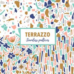 Terrazzo seamless patterns. Set trendy abstract repeat designs. Vector abstract background with chaotic stains.