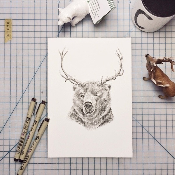 Reinbear illustration, by Cecilia Hedin #deer #ink #white #desktop #woodland #black #hybrid #illustration #reinbear #and #bear #animal