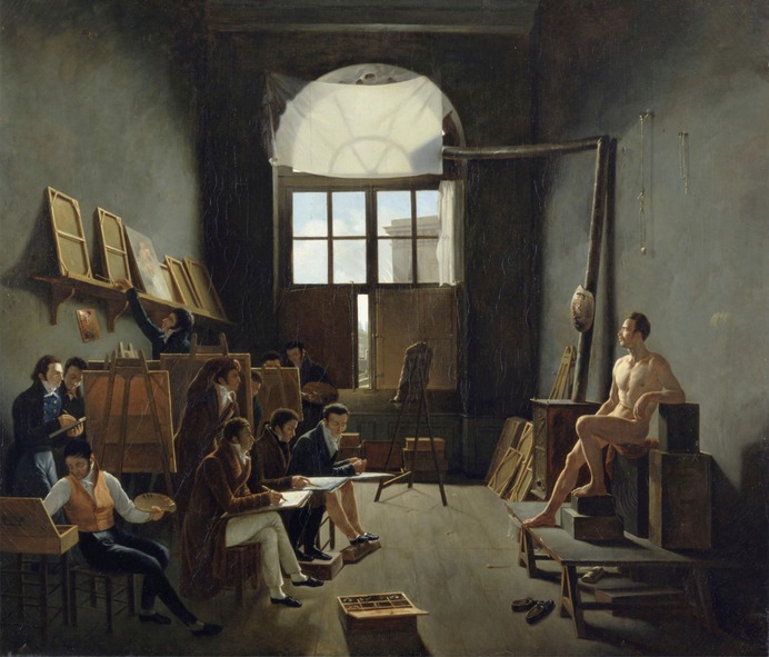 "The Interior of David's Studio at the Collège des Quatre-Nations, Paris" c.1814-17, by Léon-Mathieu Cochereau (1793-1817)