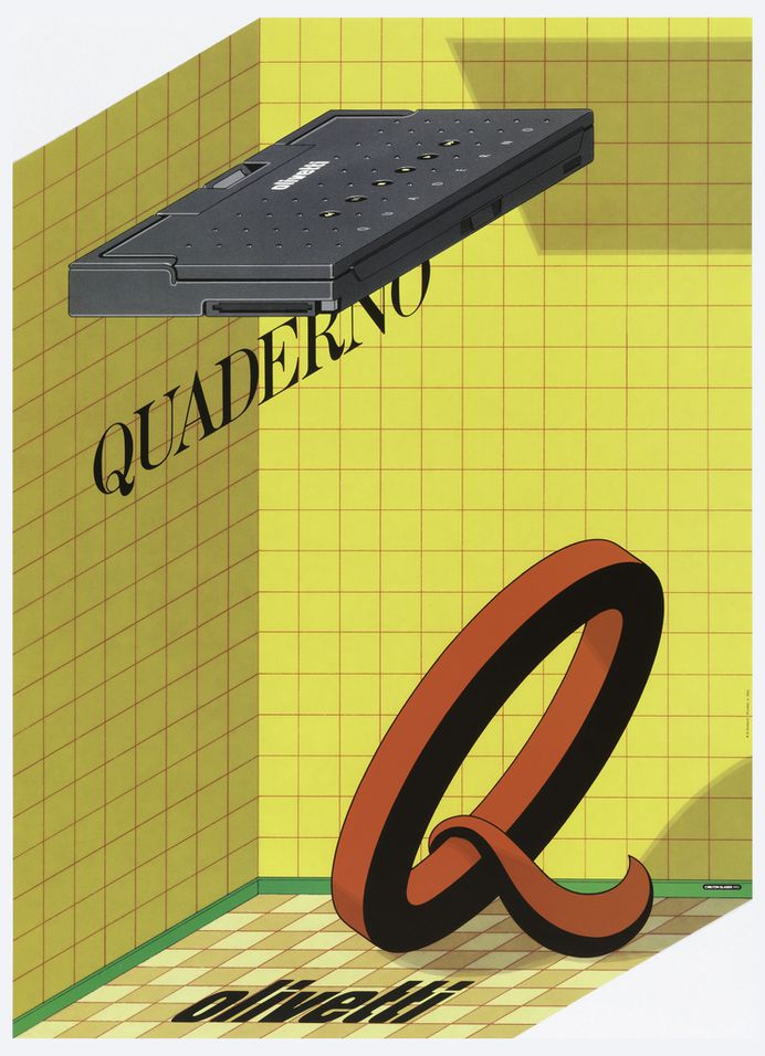 In a yellow tiled shower stall with green molding and beige flooring, a large red and black Q leans as though on its kickstand. Below, on floor, in black: olivetti; above, in black: QUADERNO. Hovering above is the gray vintage computer; in white: Olivetti / QUADERNO.