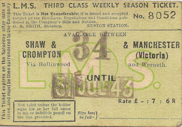 All sizes | LMSR third class weekly season ticket between Shaw & Crompton station and Manchester (Victoria) via Hollinwood and Werneth, 31 J #type #retro #ticket