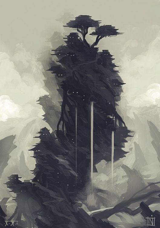 Tervana by ~MagusVerus on deviantART #japan #fantasy #mountain #cliff #illustration #waterfall #trees