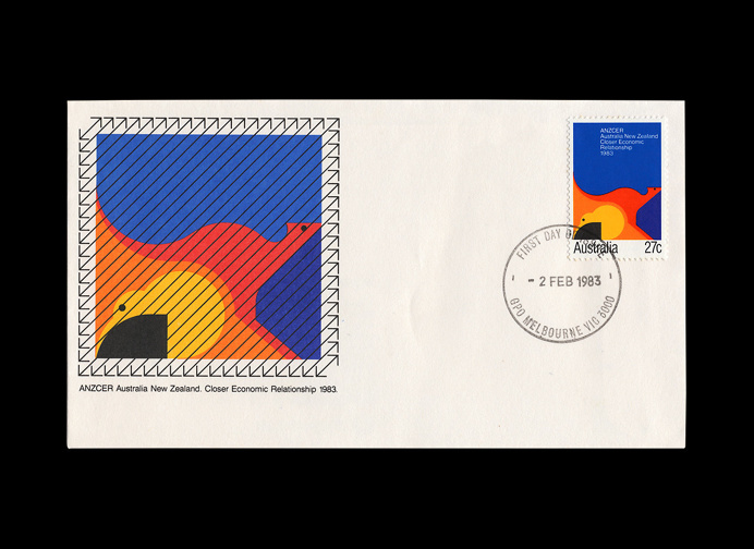 Design: Garry Emery Studio: Emery Vincent Associates Date: 1983 — Stamp and first day cover commemorating a closer economic relationship b