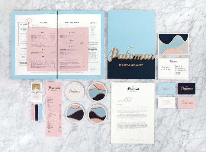 The Palomar menu and branding, designed by Here Design #menu #branding #color #type #insert #business card #coaster #print #identity