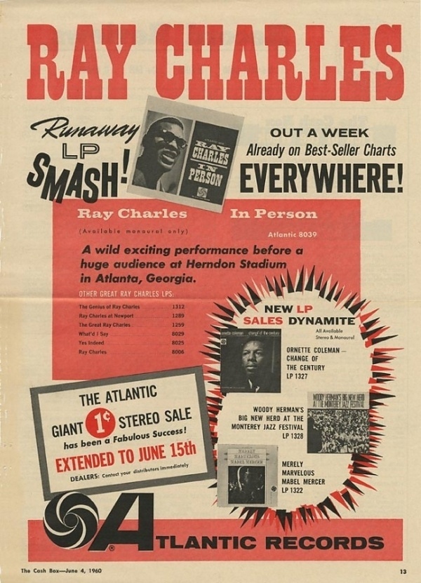 6/04/1960 Atlantic Ad - Photos - Atlantic Records #atlantic #advertising #ray #music #charles #records #typography