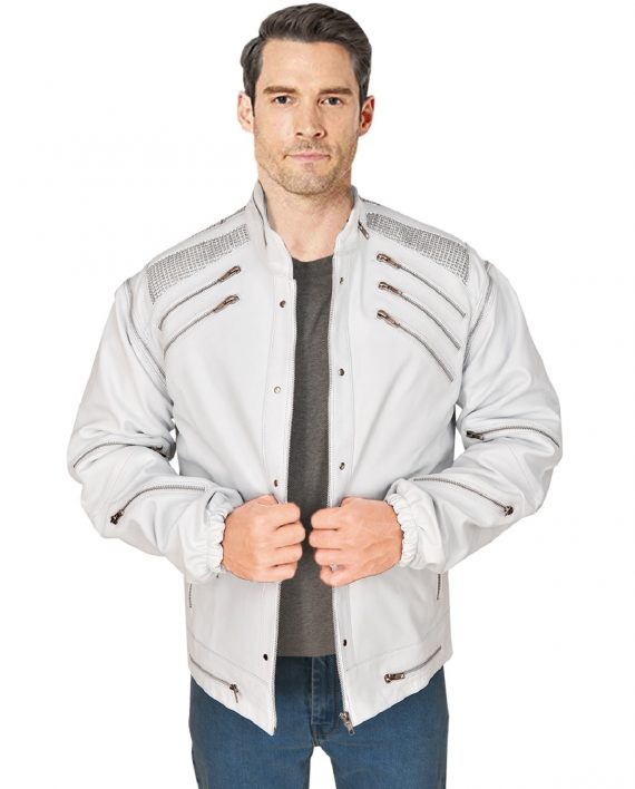 Men's White Leather Beat it Michael Jackson Jacket