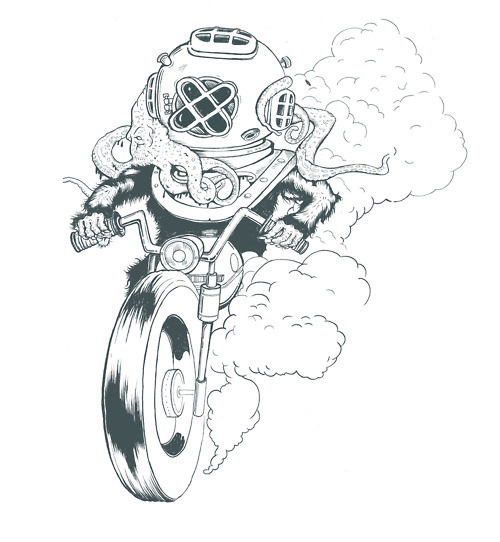 scubadiver werewolf biker #wherewolf #ink #and #fink #design #graphic #octopus #illustration #rat #art #painting #pen #drawing #motorcycle