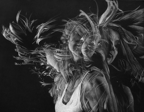 Silje #flowing #white #girl #movement #motion #& #drawing #black #artwork #hair #colored #pencil