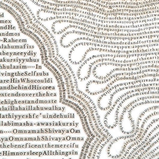 Text Drawings Created by Cutting Thousands of Letters from Books and Religious Texts | Colossal #meg #letters #hitchock #verses #koran #satanic #detail