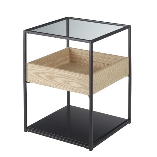 Table de chevet en métal noir et verre trempé Raven | Maisons du Monde