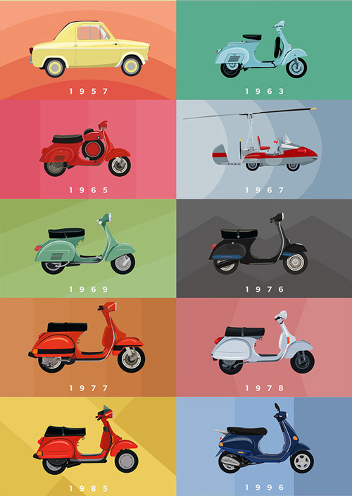 CJWHO ™ (Watch 60 Years of Chic Vespas Go By Now, Paris ...) #design #advertising #vespa #illustration #colors #vespalogy #art