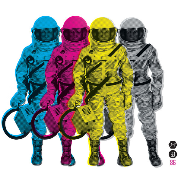 CMYKStronauts Art Print #astronaut #yellow #color #space #black #purple #cmyk #blue #toy