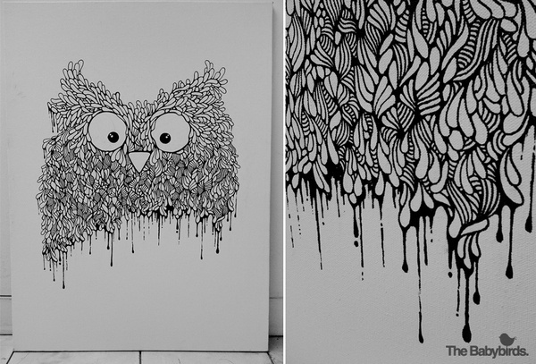 owl01 #white #owl #& #black #birds #illustration