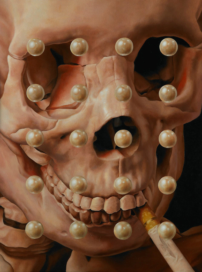 This happens all the time. #pearls #bizarre #macabre #grid #illustration #strange #surreal #skull #smoking