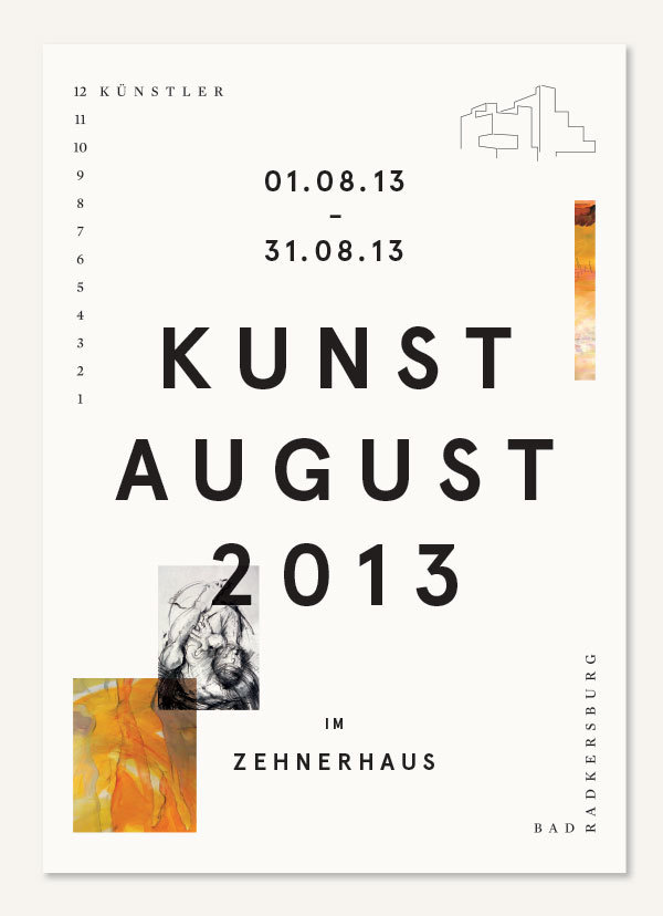Kunstaugust 2013 – Print design for an exhibition featuring 12 artists in Bad Radkersburg.