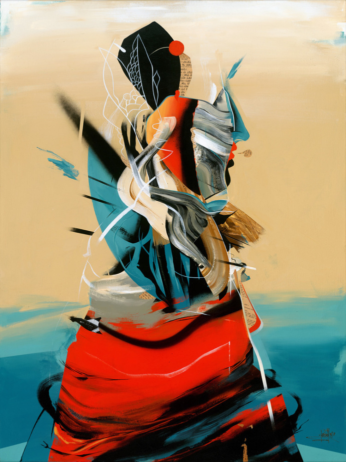Perroquet, 2014 Acrylic and Collage on Canvas 48 x 36 Inches
