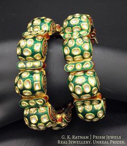 18k Gold and Diamond Polki Bangle Pair with Green Enamel - gold diamond polki kundan meena jadau jewellery