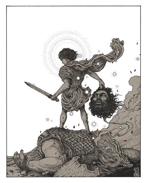 Illustration for the new issue of NEW REPUBLIC magazine, to accompany an article on Malcolm Gladwells book David & Goliath: Underdogs, Mis #republic #beckett #mythology #the #richey #illustration #and #goliath #david #new