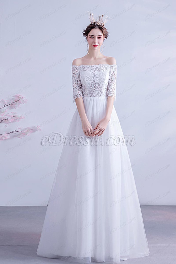 eDressit Sexy OFF Shoulder Sleeves White Tulle Wedding Dress (36225307)