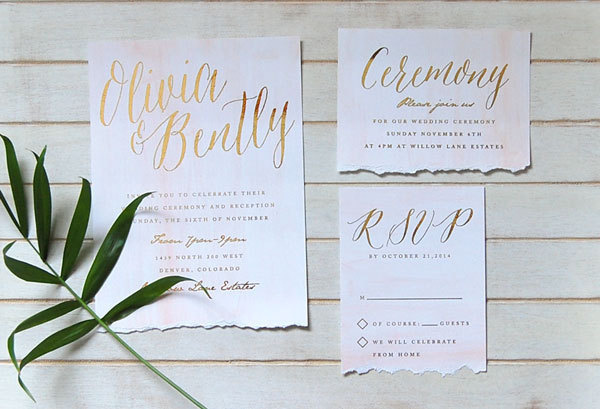 invitations with gold foil #invitation #torn #blush #gold #watercolor #paper #foil