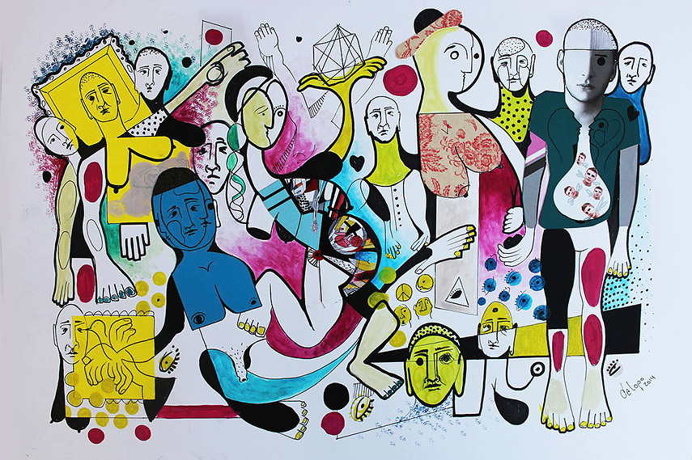 DALOPO paints a great number of body parts mixed in with other geometrical shapes and organic forms