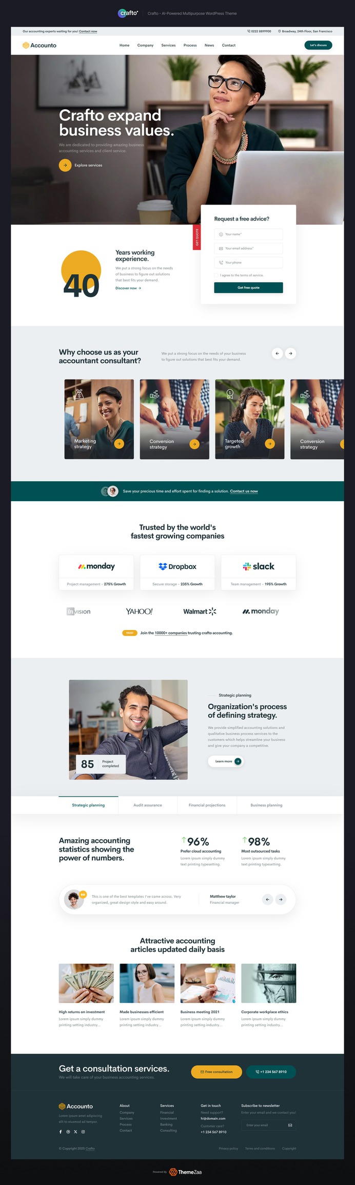Professional, precise, and polished — the #Accounting demo of #Crafto #WordPress #theme is designed for finance firms, accountants, consultants, and tax advisors. With a clean layout, trustworthy visuals, and strategic content flow, it helps build credibility while showcasing services and expertise. Built with #Elementor and fully #responsive, this demo delivers a seamless user experience that reflects your financial reliability.