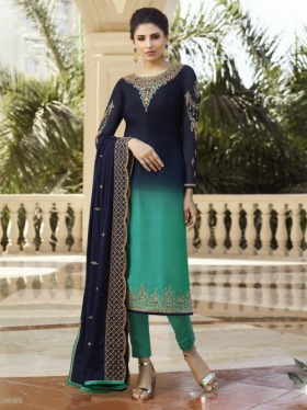 Blue and Green Embroidered Straight Cut Suit - Inddus.