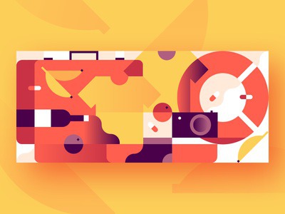 What's in your suitcase? traveler journey trip holiday vitamins t-shirt banana camera wine clothes lifebuoy suitcase