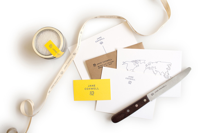 Jane Coxwell (chef) identity by MGMT. design #identity #logo #brand #design #print #notecard #businesscard #stamp #postcard #ribbon #knife #