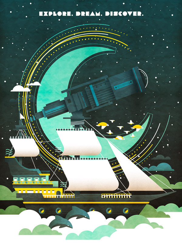 Image of Explore #telescope #imagination #dream #illustration #ship #explore
