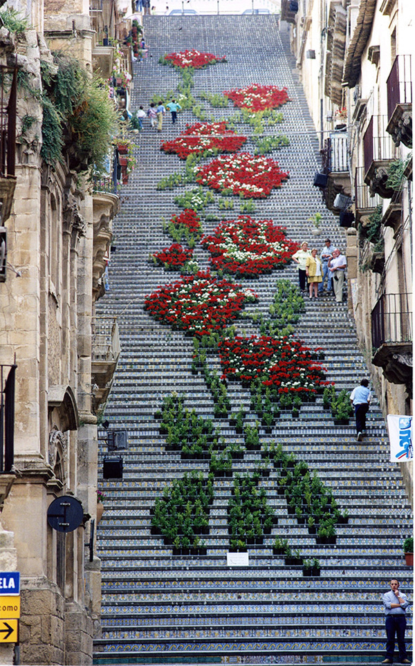 A Historic Staircase in Caltagirone, Sicily Used as a Backdrop for Light and Flower Festivals #staircase #art