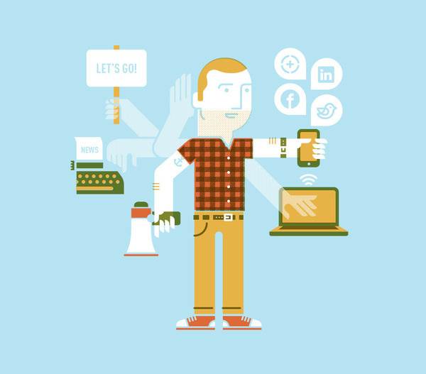 Social Influencers by B for Balleza #computer #phone #influence #laptop #sign #icon #plaid #illustration #megaphone #man #media #typewriter #social