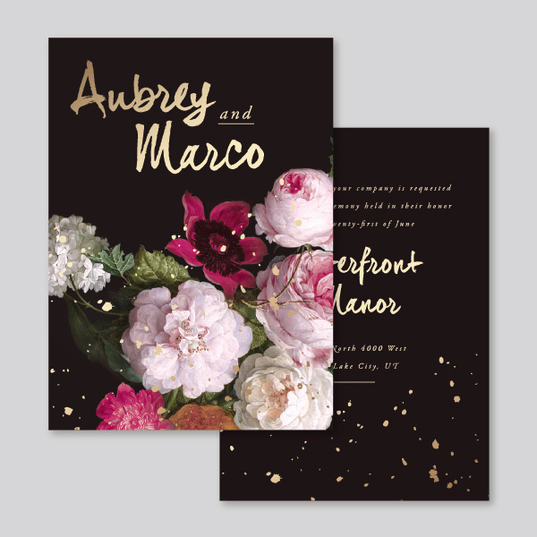 moody flora invitaion #moody #flora #classic #invitations #gold #foil #modern #brushy #typography #fuchsia #blush