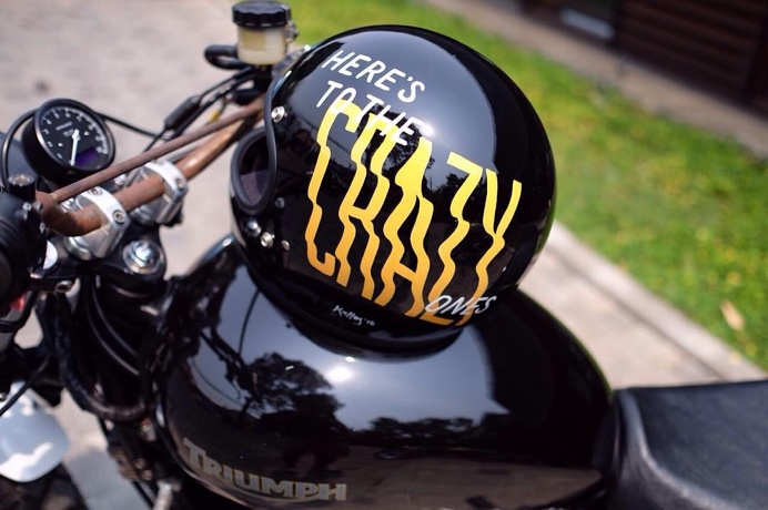 Here's To The Crazy Ones. Enamel on helmet. #kallos #handlettering #lettering #typography #helmet #biltwell