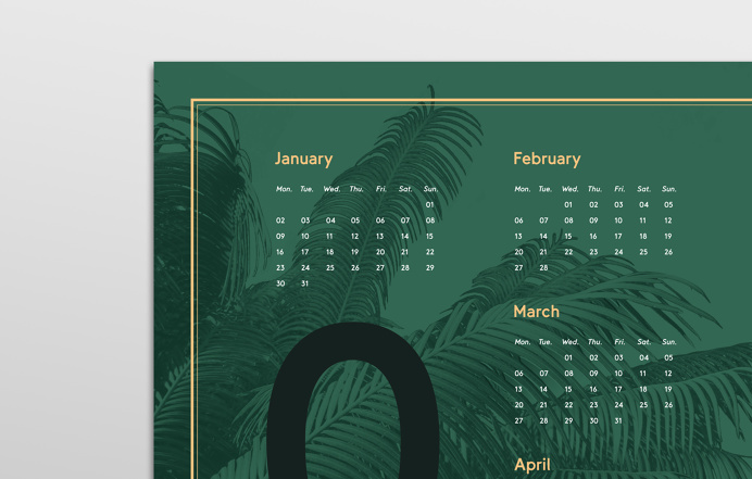 New beautiful dark green poster 2017 calendar poster in the size of 50 x 70 cm with nice big bold typography and golden golden and peach col