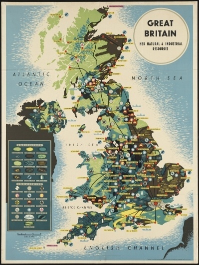 Great Britain - Her natural and industrial resources #ocean #britain #color #map #vintage