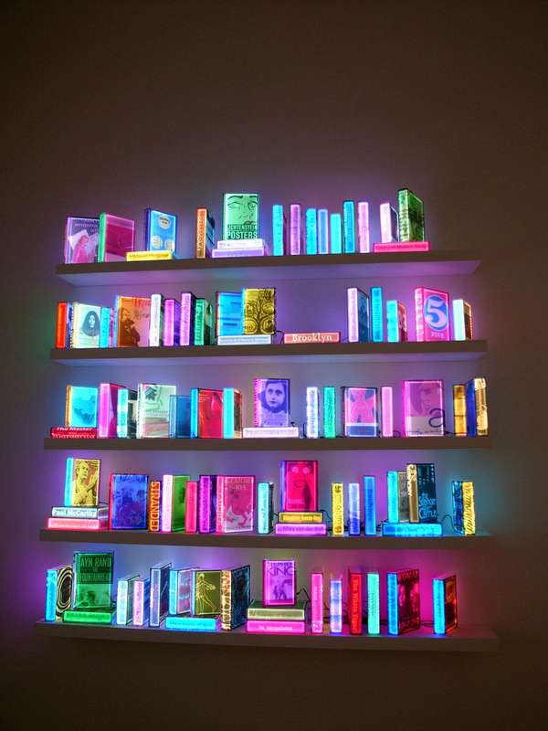 Airan Kang "109 Lighting Books" | Flickr Photo Sharing! #literature #fluorescent #display #books #bookcase #glow #art #library #lighting #shelves #neon