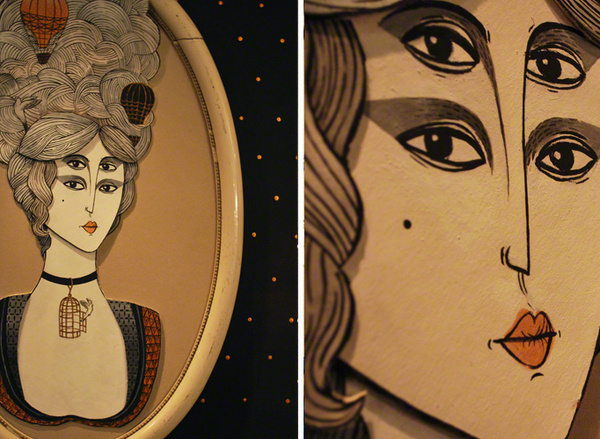 Interior of Low Meadows Club, Wroclaw, Poland #interior #frame #balloons #eyes #retro #hair #dots #illustration #wall #art #street #painting #character #lady #creature