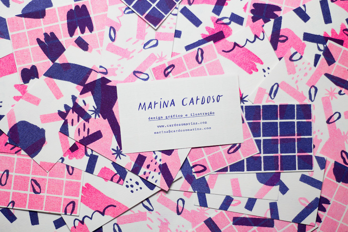 Personal Business Cards by Marina Cardoso "Risograph business cards (9x5cm) printed in 2 colors by Selva Press." Marina Cardoso is a fre