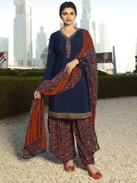 Bollywood Diva Prachi Desai Navy Blue Crepe Wedding Straight Cut Suit Online at Best Price.