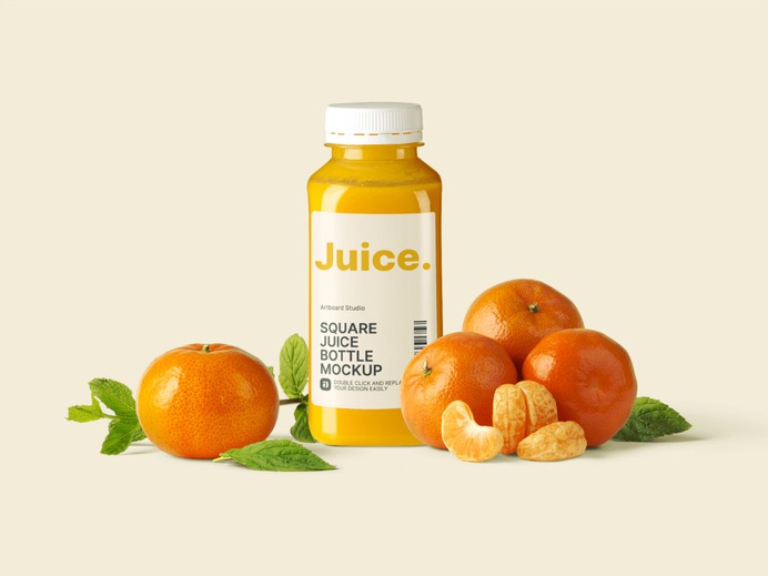 Customize the square juice bottle mockup. Place your own drink label, change the drink color, move items around. Adjust filter effects and background color to get most realistic results. Create your own square juice bottle mockup scene. #mockup #juice #label #branding #logo #fruit #brand #package #bottle